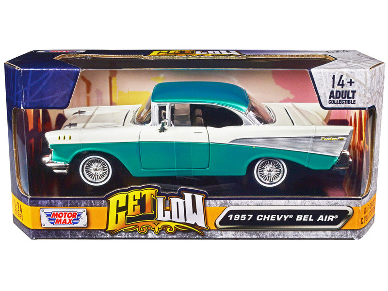 Motormax 1957 Chevrolet Bel Air Lowrider Turquoise Metallic and White, 1/24 diecast model car from the "Get Low" series.