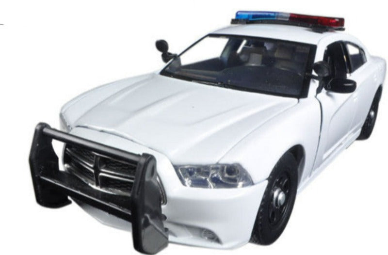 2011 Dodge Charger Pursuit Police Car White with Flashing Light Bar, Front and Rear Lights and 2 Sounds 1/24 Diecast Model Car by Motormax