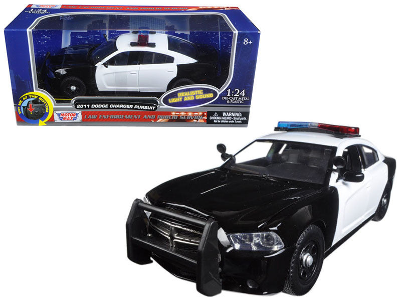 2011 Dodge Charger Pursuit Police Car Black and White with Flashing Light Bar and Front and Rear Lights and 2 Sounds 1/24 Diecast Car by Motormax