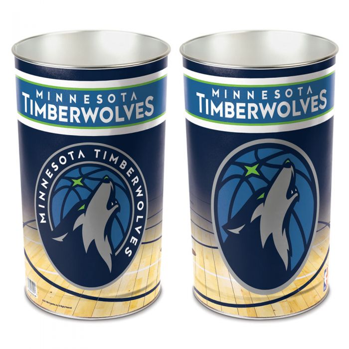 Minnesota Timberwolves metal wastebasket with team colors and graphics measures 15 inches tall & 10 inches wide at top