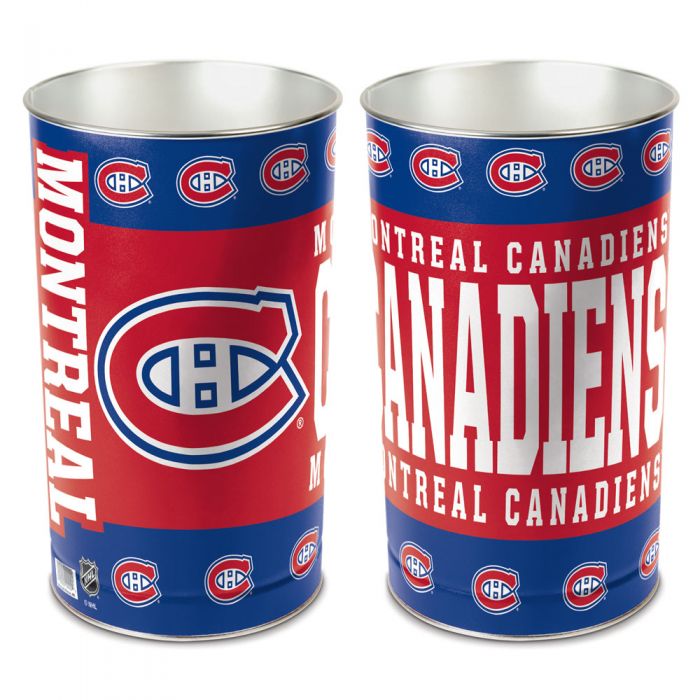 Montreal Canadiens metal wastebasket with team colors and graphics measures 15 inches tall & 10 inches wide at top