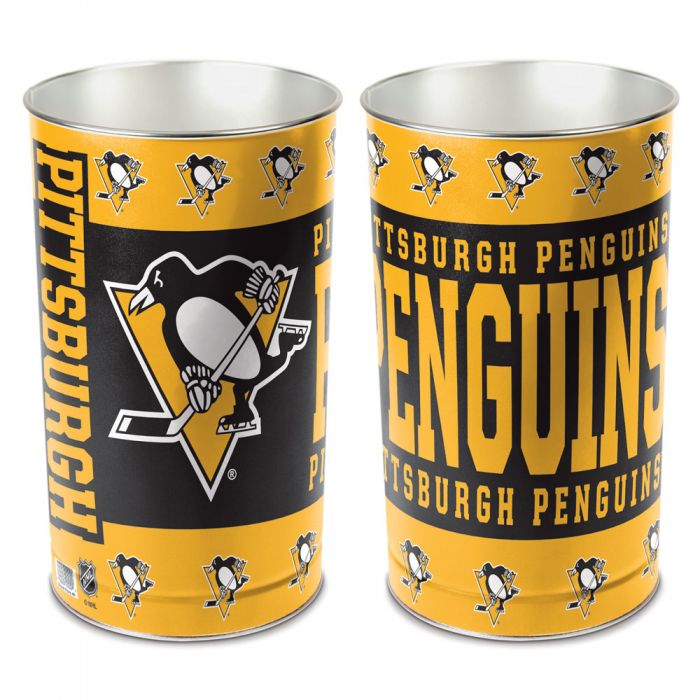 Pittsburgh Penguins metal wastebasket with team colors and graphics measures 15 inches tall & 10 inches wide at top