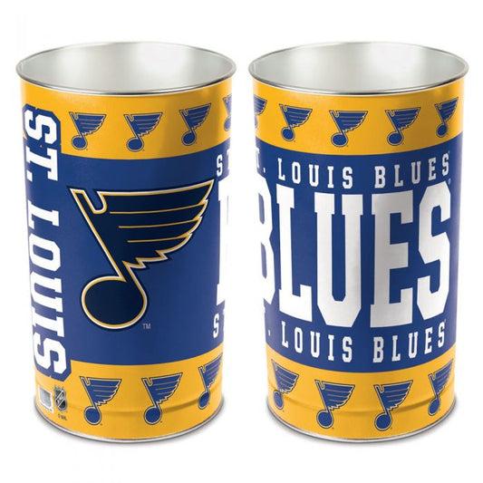 St. Louis Blues metal wastebasket with team colors and graphics measures 15 inches tall & 10 inches wide at top