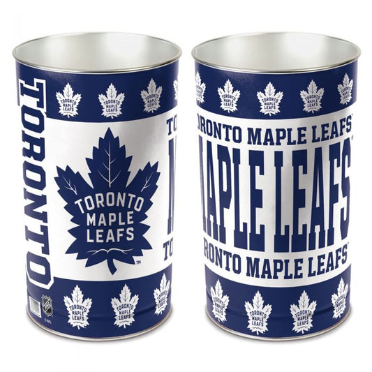 Toronto Maple Leafs metal wastebasket with team colors and graphics measures 15 inches tall & 10 inches wide at top