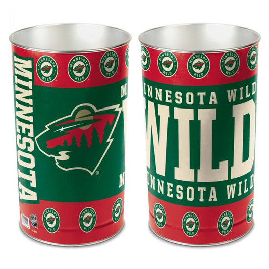 Minnesota Wild metal wastebasket with team colors and graphics measures 15 inches tall & 10 inches wide at top