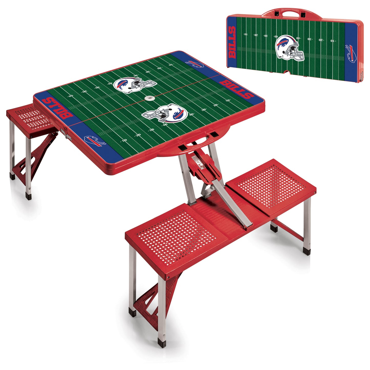 Buffalo Bills red portable folding table with seats for four. Durable ABS plastic, compact, holds 250 lbs per seat, weighs 19 lbs.