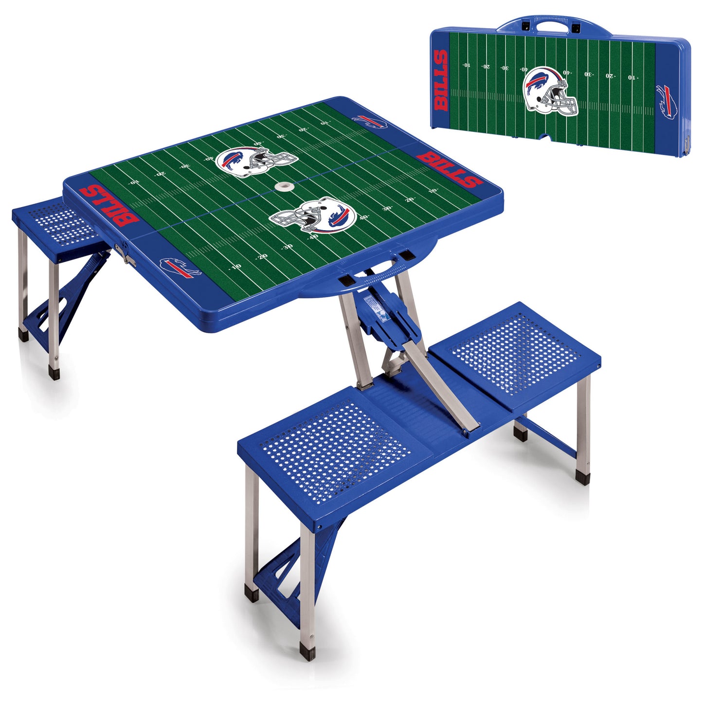 Buffalo Bills blue portable folding table set with seats. team graphics. Seats four, supports 250 lbs per seat. Weighs 19 lbs