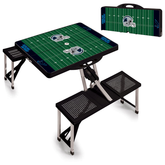 Carolina Panthers portable folding table with seats for four. Durable ABS plastic, compact, holds 250 lbs per seat, weighs 19 lbs.