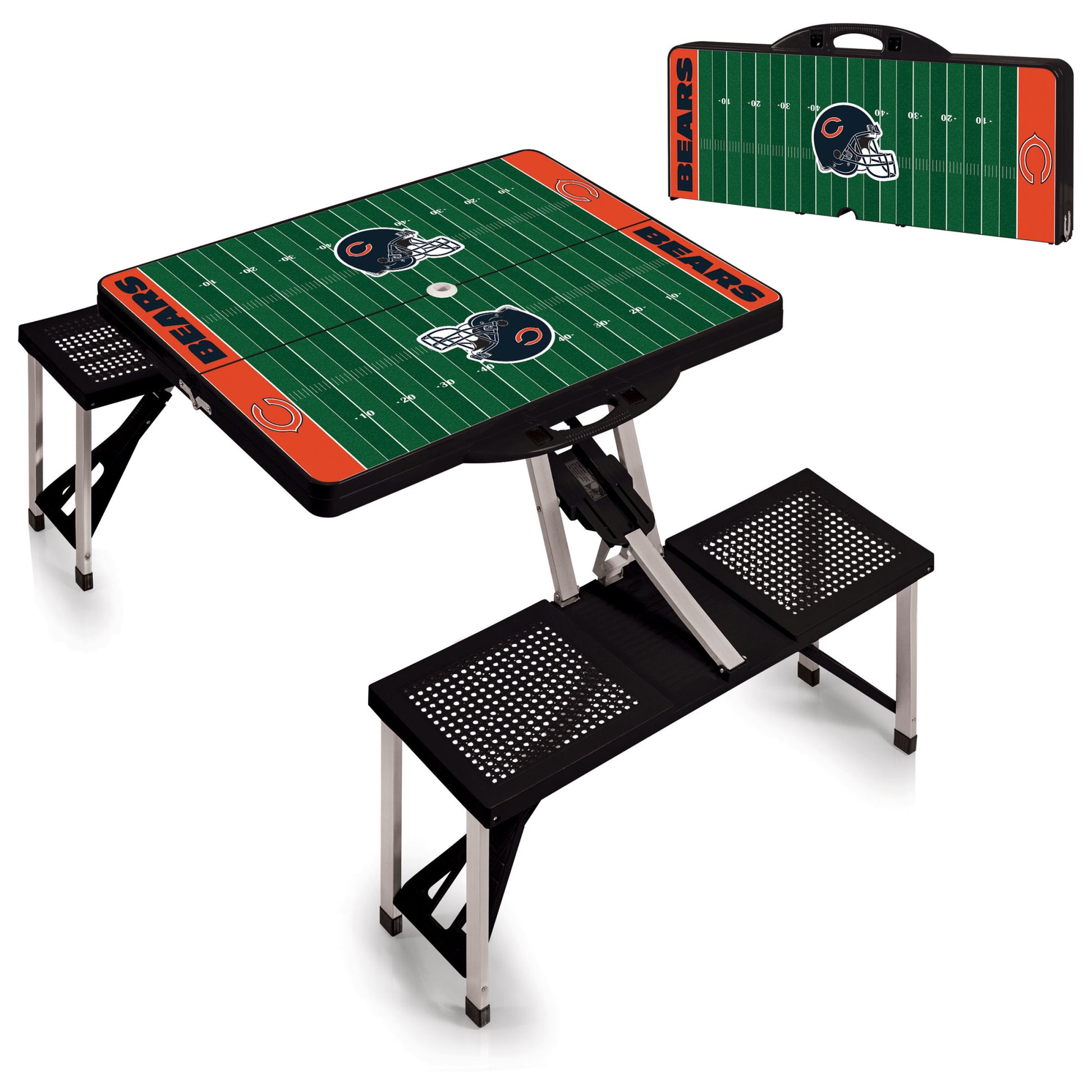 Chicago Bears black portable folding table with seats for four. Durable ABS plastic, compact, holds 250 lbs per seat, weighs 19 lbs.