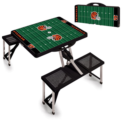 Cincinnati Bengals black portable folding table with seats for four. Durable ABS plastic, compact, holds 250 lbs per seat, weighs 19 lbs.