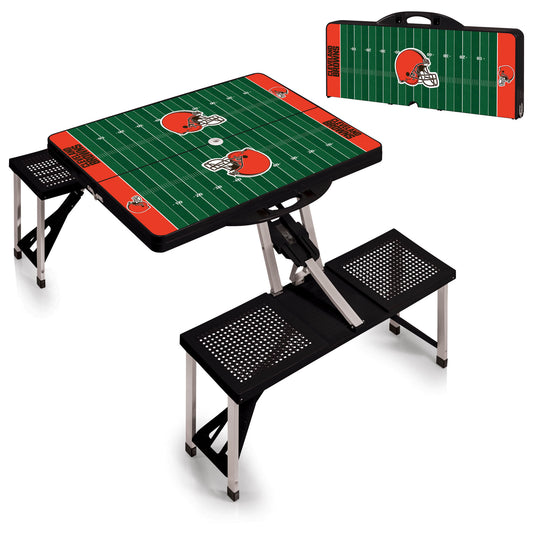 Cleveland Browns black portable folding table with seats for four. Durable ABS plastic, compact, holds 250 lbs per seat, weighs 19 lbs.