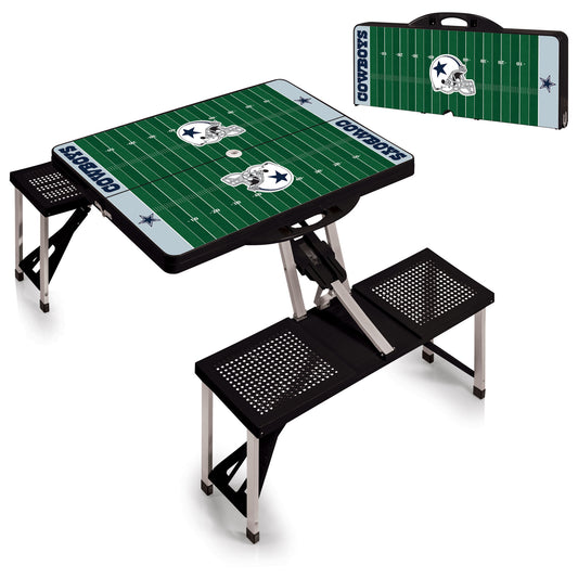 Dallas Cowboys black portable folding table with seats for four. Durable ABS plastic, compact, holds 250 lbs per seat, weighs 19 lbs.