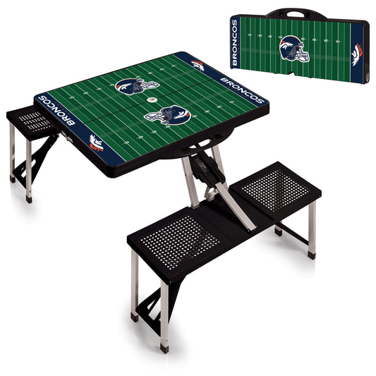 Denver Broncos black portable folding table with seats for four. Durable ABS plastic, compact, holds 250 lbs per seat, weighs 19 lbs.