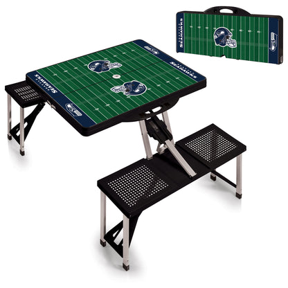 Seattle Seahawks portable folding table with four built-in seats, perfect for camping, picnics, and tailgating events.