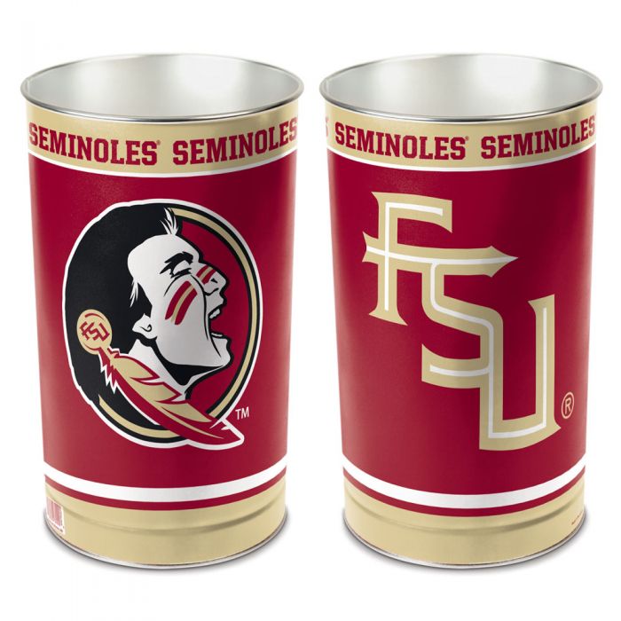 Florida State Seminoles metal wastebasket with team colors and graphics measures 15 inches tall & 10 inches wide at top