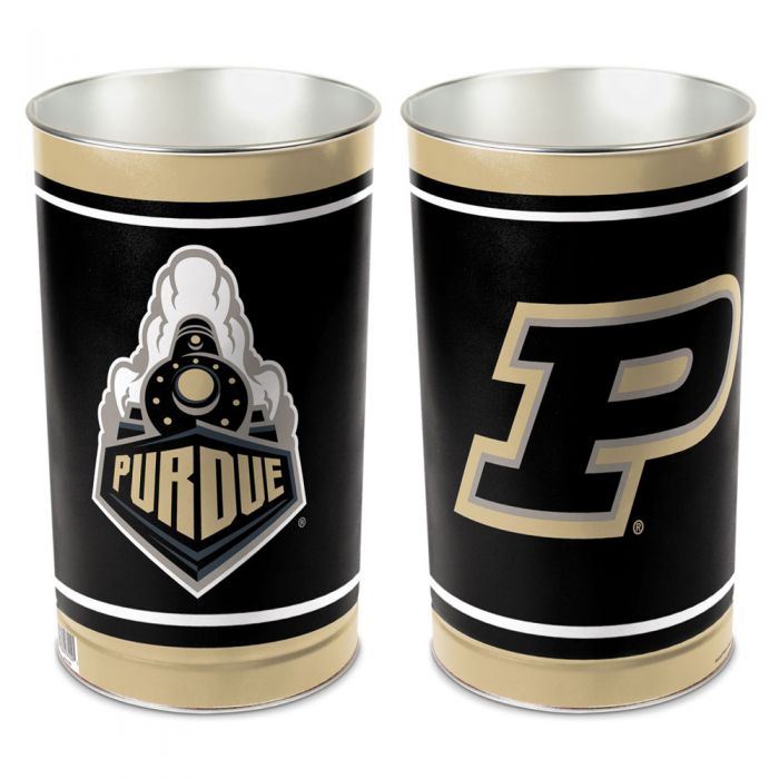 Purdue Boilermakers metal wastebasket with team colors and graphics measures 15 inches tall & 10 inches wide at top