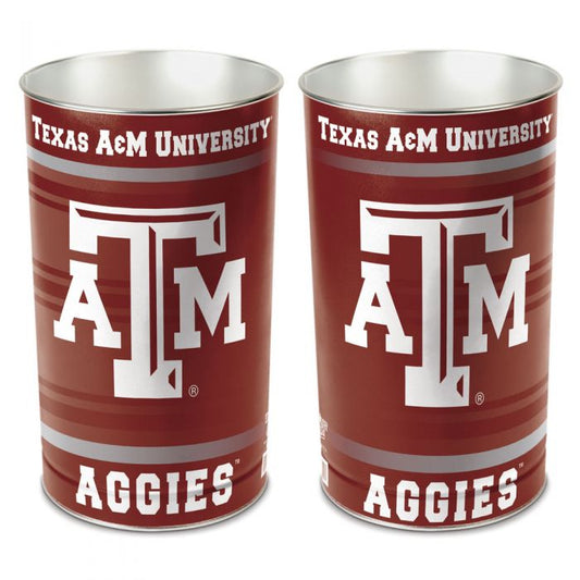 Texas A & M Aggies metal wastebasket with team colors and graphics measures 15 inches tall & 10 inches wide at top