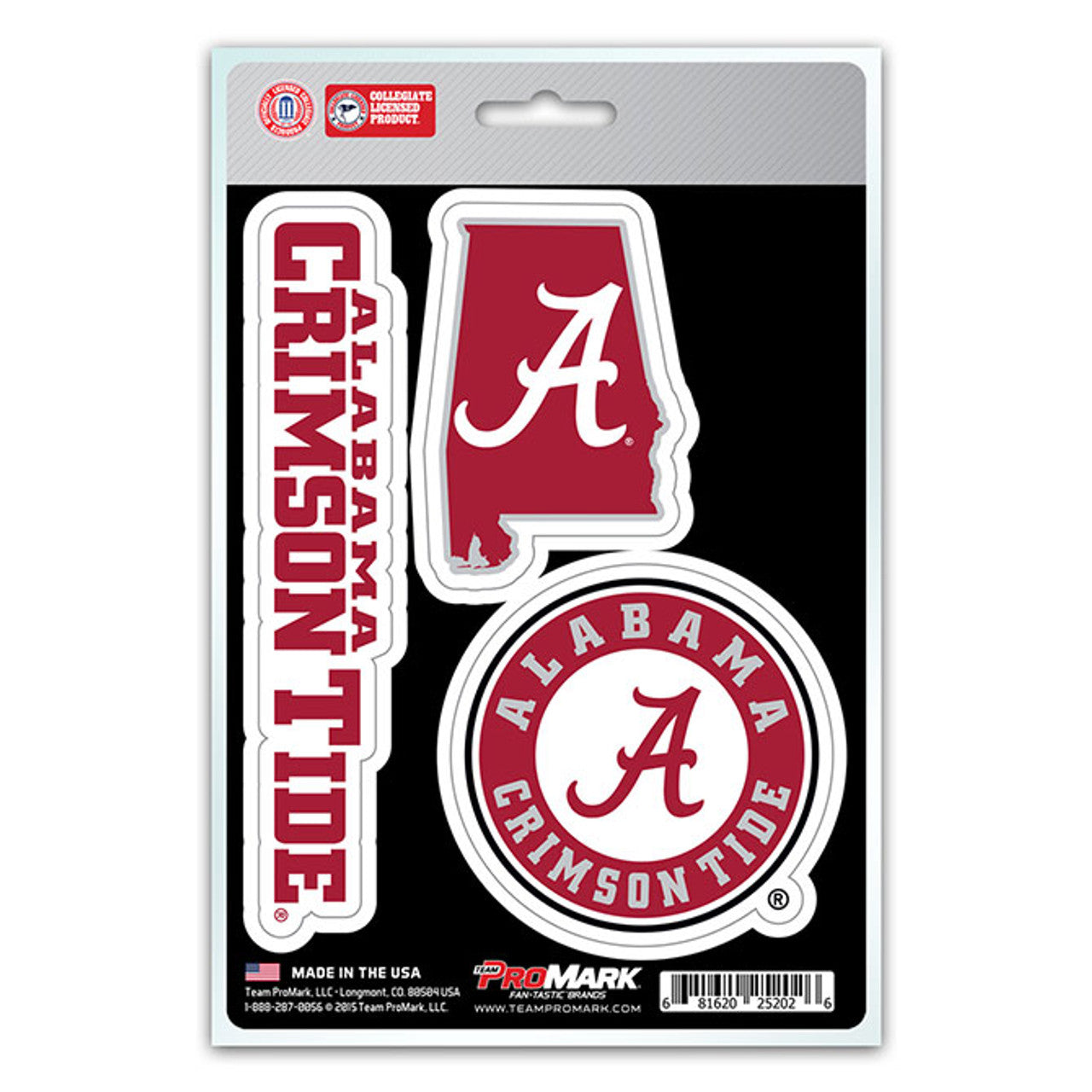 Alabama Crimson Tide Decals, 3 pack, various sizes, premium clear vinyl, UV resistant. Officially licensed. Made by Team Promark.