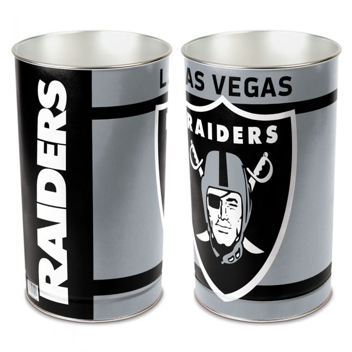 Las Vegas Raiders metal wastebasket with team colors and graphics measures 15 inches tall & 10 inches wide at top