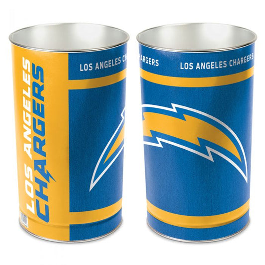 Los Angeles Chargers metal wastebasket with team colors and graphics measures 15 inches tall & 10 inches wide at top