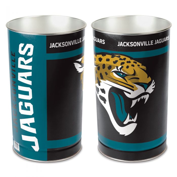 Jacksonville Jaguars metal wastebasket with team colors and graphics measures 15 inches tall & 10 inches wide at top