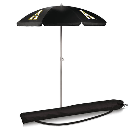 Portable beach umbrella featuring Appalachian State Mountaineers logo. 5.5-ft canopy, 155-degree tilt, steel pole, carry case. Stay shaded in style!