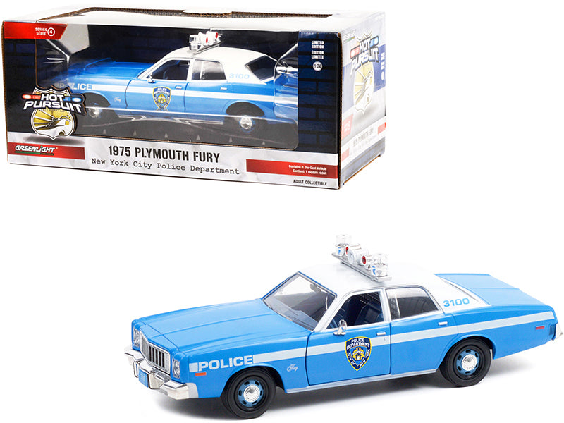 1975 Plymouth Fury Light Blue with White Top "New York City Police Department" (NYPD) "Hot Pursuit" Series 1/24 Diecast Model Car by Greenlight
