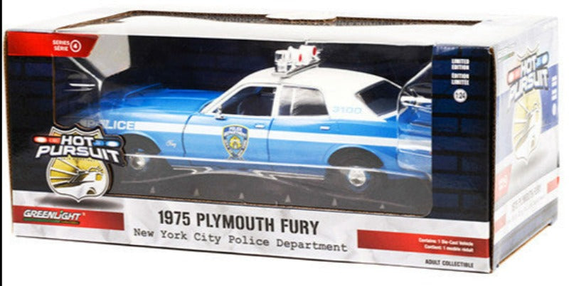 1975 Plymouth Fury Light Blue with White Top "New York City Police Department" (NYPD) "Hot Pursuit" Series 1/24 Diecast Model Car by Greenlight