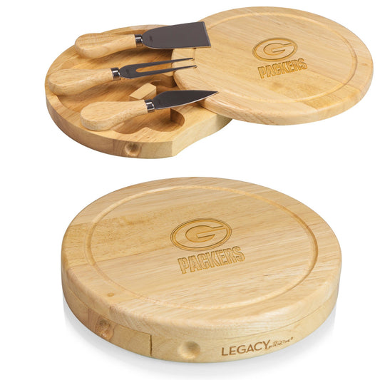 Green Bay Packers rubberwood brie cheese board shown open with three stainless steel cheese tools stored inside