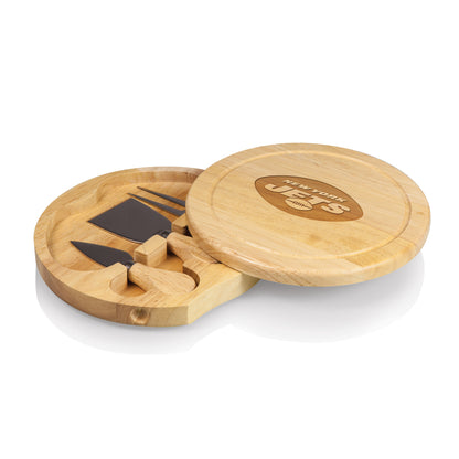 New York Jets rubberwood brie cheese board with swivel storage and three stainless steel cheese tools displayed open