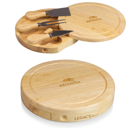 Seattle Seahawks Brie Cheese Cutting Board & Tools Set with swivel rubberwood board and 3 stainless steel tools.