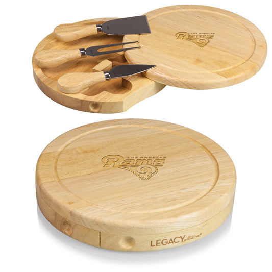 Los Angeles Rams circular rubberwood brie board opened to show three stainless steel cheese tools with wood handles