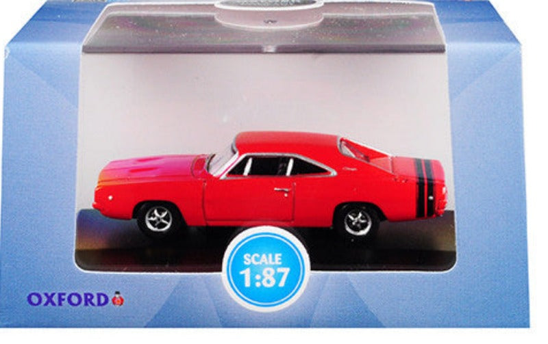 1968 Dodge Charger Bright Red with Black Stripes 1/87 (HO) Scale Diecast Model Car by Oxford Diecast