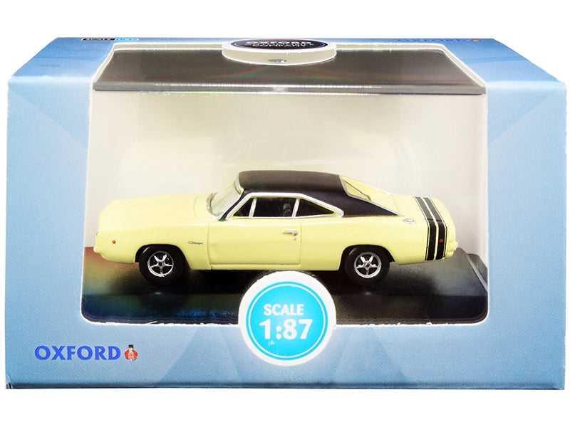 1968 Dodge Charger Light Yellow with Black Top and Black Stripes 1/87 (HO) Scale Diecast Model Car by Oxford Diecast