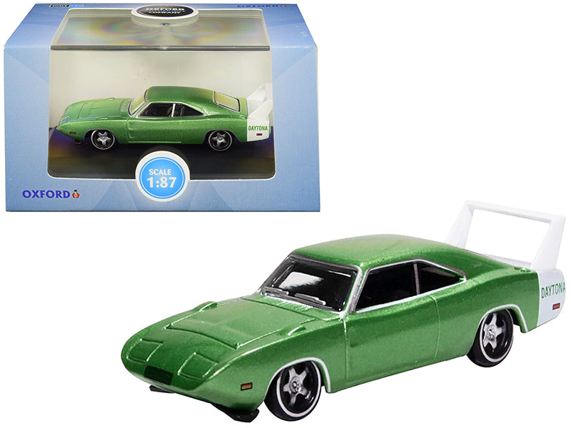 1969 Dodge Charger Daytona Metallic Bright Green with White Stripe 1/87 (HO) Scale Diecast Model Car by Oxford Diecast