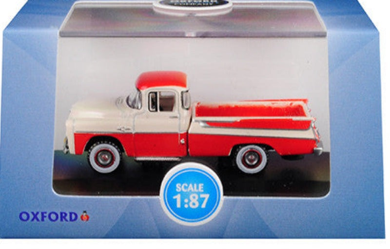 1957 Dodge D100 Sweptside Pickup Truck Tropical Coral and Glacier White 1/87 (HO) Scale Diecast Model Car by Oxford Diecast