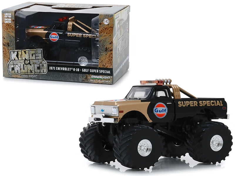 1971 Chevrolet K-10 Monster Truck "Gulf Super Special" Black and Gold with 66-Inch Tires "Kings of Crunch" 1/43 Diecast Model Car by Greenlight