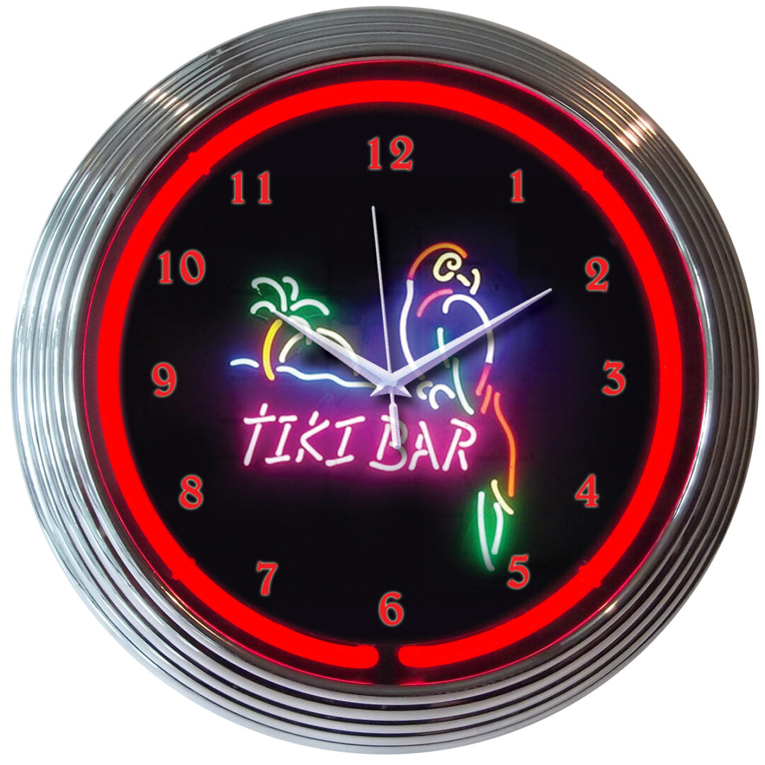 Tiki Bar 15" Red Neon Round Wall Clock by Neonetics