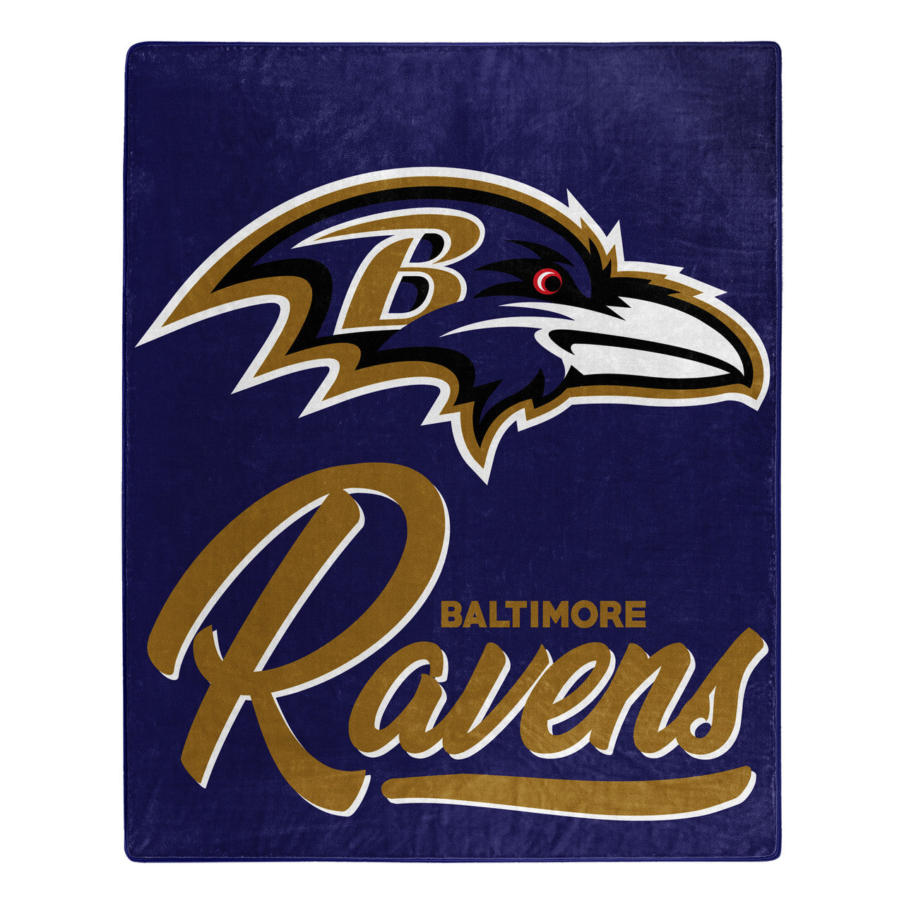 Official Baltimore Ravens NFL Raschel Blanket: 50x60", soft polyester, team colors, logo, name, decorative edges, officially licensed.