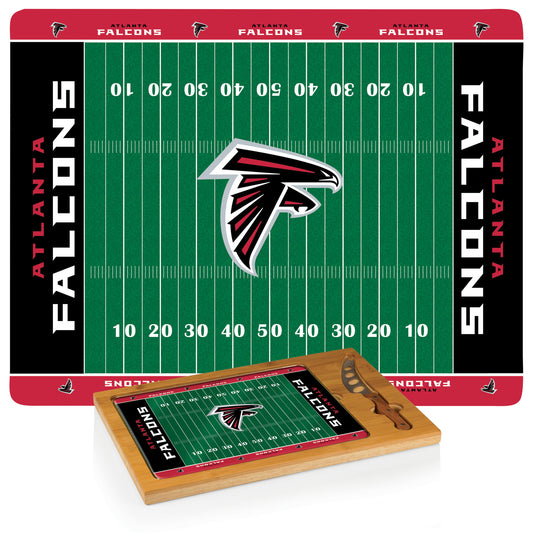 Atlanta Falcons Icon Glass Top Cutting Board & Knife Set - Rubberwood and bamboo base with tempered glass lid. Includes stainless steel cheese knife. Officially licensed.