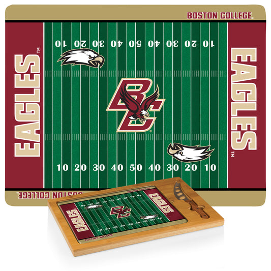 Boston College Eagles Icon cutting board featuring tempered glass tray, bamboo and rubberwood base, and stainless steel knife