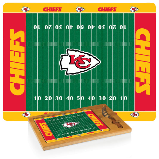 Kansas City Chiefs Icon Glass Top Cutting Board & Knife Set. Rubberwood & bamboo base, tempered glass lid, stainless steel knife.