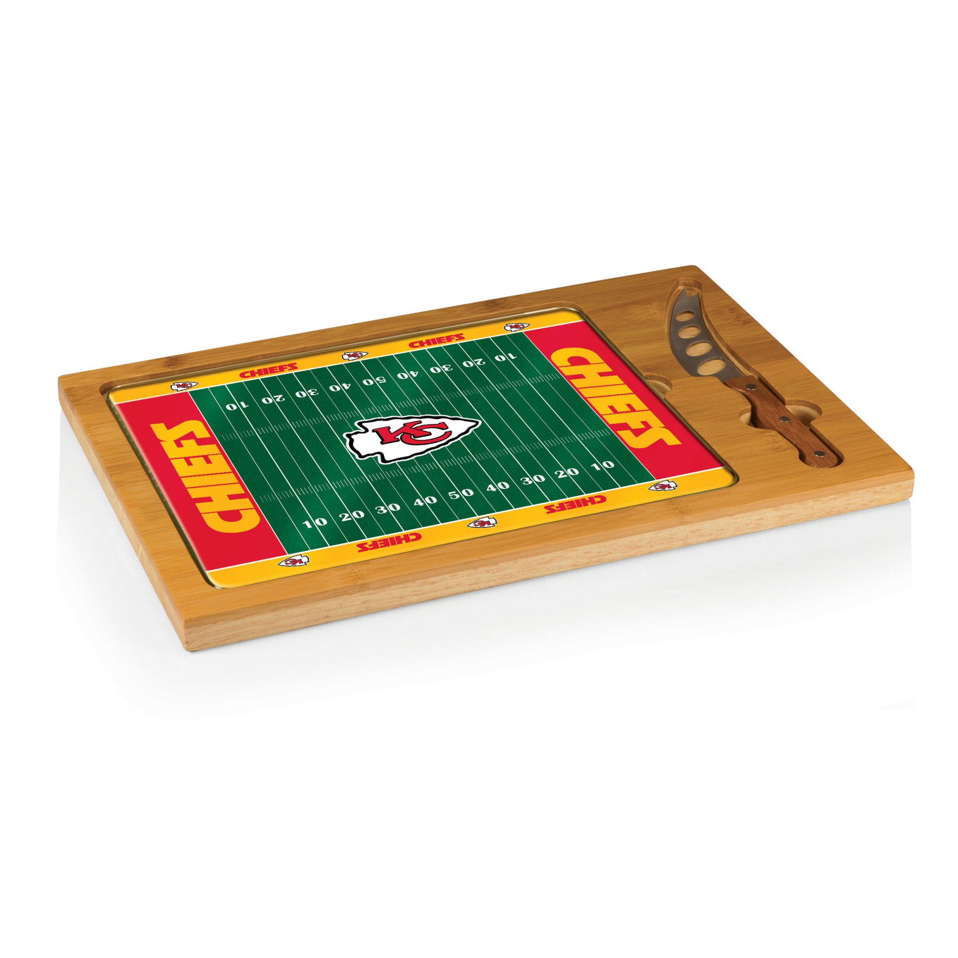 Kansas City Chiefs Icon Glass Top Cutting Board & Knife Set. Rubberwood & bamboo base, tempered glass lid, stainless steel knife.