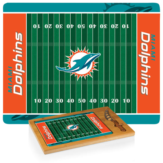 Miami Dolphins Icon glass top cutting board with bamboo base, removable tempered glass tray, and cheese knife