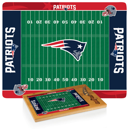 New England Patriots Icon glass cutting board set with bamboo base, tempered glass tray, and stainless steel cheese knife