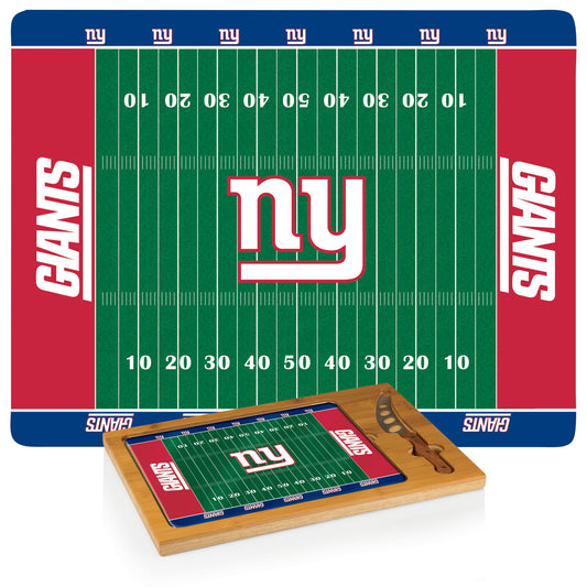 New York Giants Icon glass cutting board with bamboo base, tempered glass tray, and stainless steel cheese knife