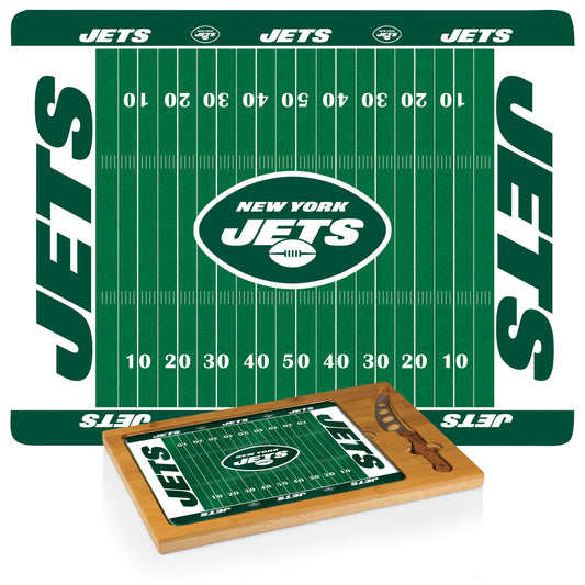 New York Jets Icon Glass Cutting Board & Knife Set with bamboo base, glass lid, and lifetime guarantee