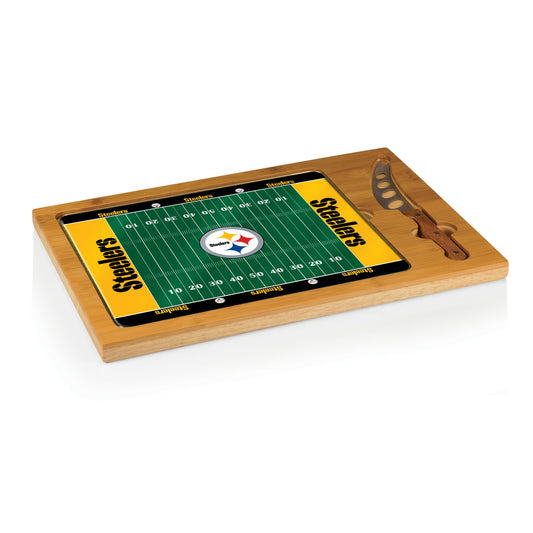 Pittsburgh Steelers NFL Icon Glass Cutting Board Set: Rubberwood/Bamboo base, tempered glass lid, stainless steel knife. Versatile.
