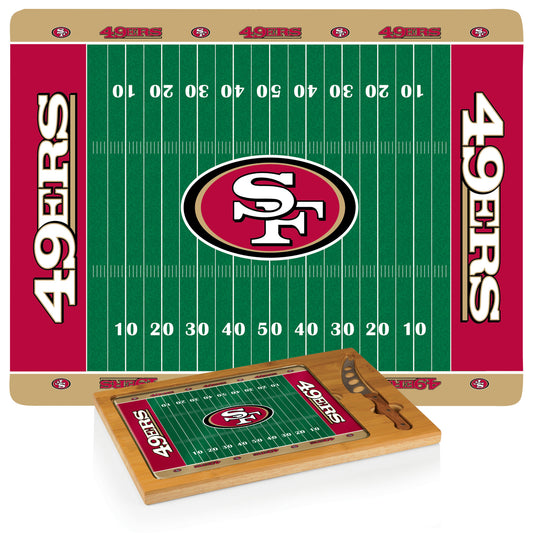 San Francisco 49ers Icon glass cutting board with bamboo base and stainless steel cheese knife by Toscana.