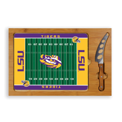 LSU Tigers Icon cutting board with bamboo base and stainless steel cheese knife, NCAA officially licensed.